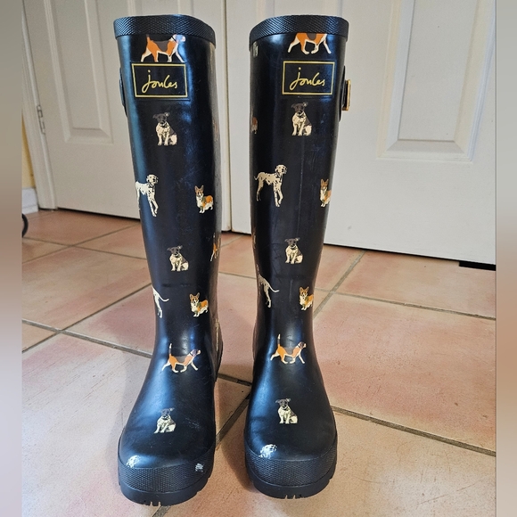Joules Molly Welly Dog Print Tall Rain Boots On Black - Picture 1 of 11
